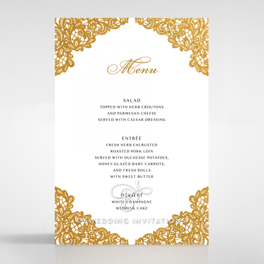 Charming Lace Frame with Foil wedding reception table menu card stationery design