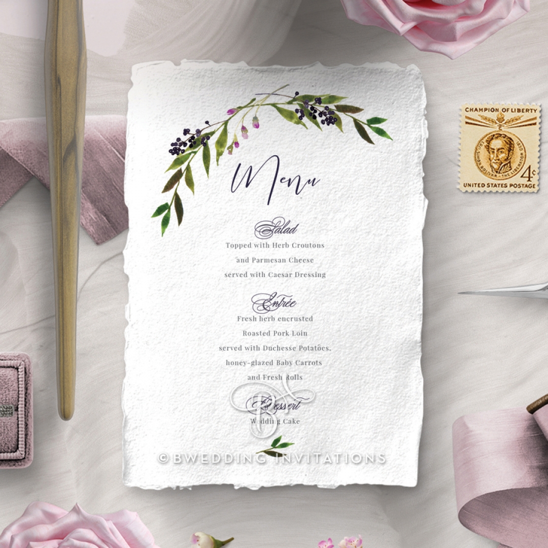 Country Charm wedding menu card stationery design