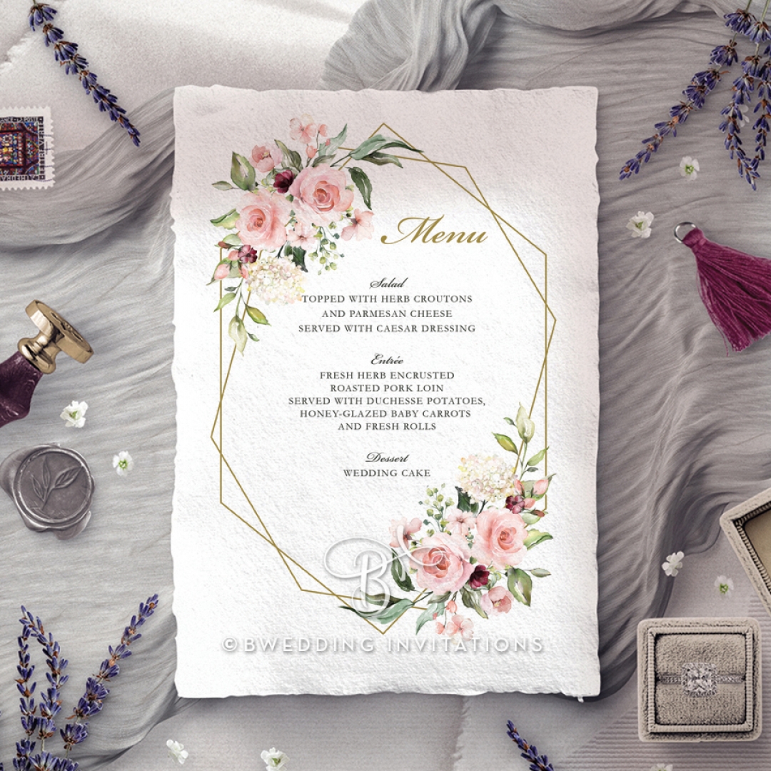 Geometric Bloom wedding reception menu card