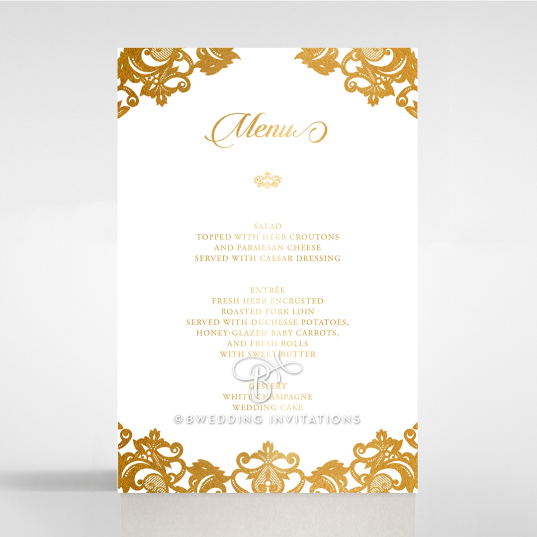 Golden Baroque Pocket with Foil wedding reception menu card stationery