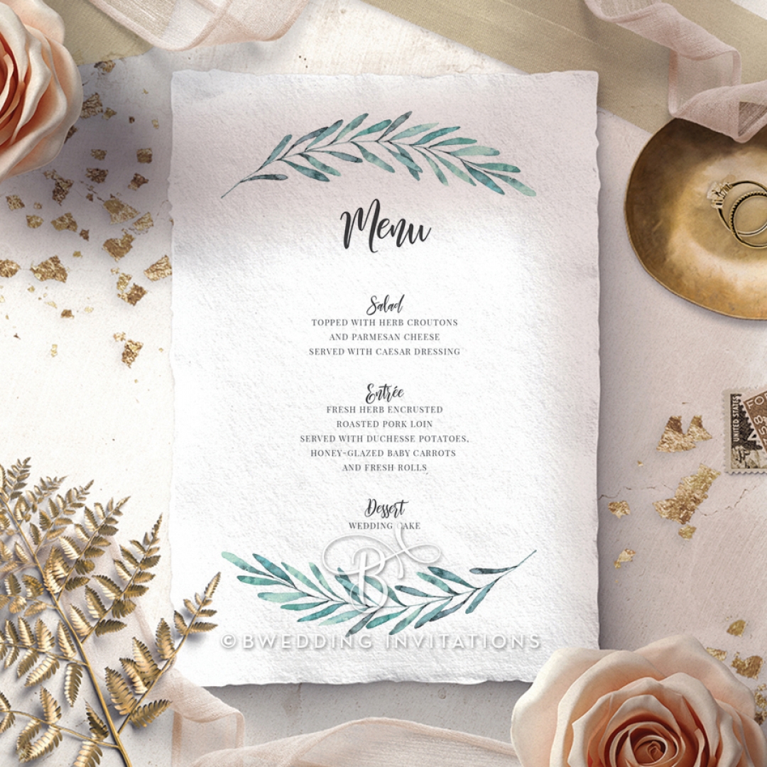 Modern Garland wedding venue table menu card stationery