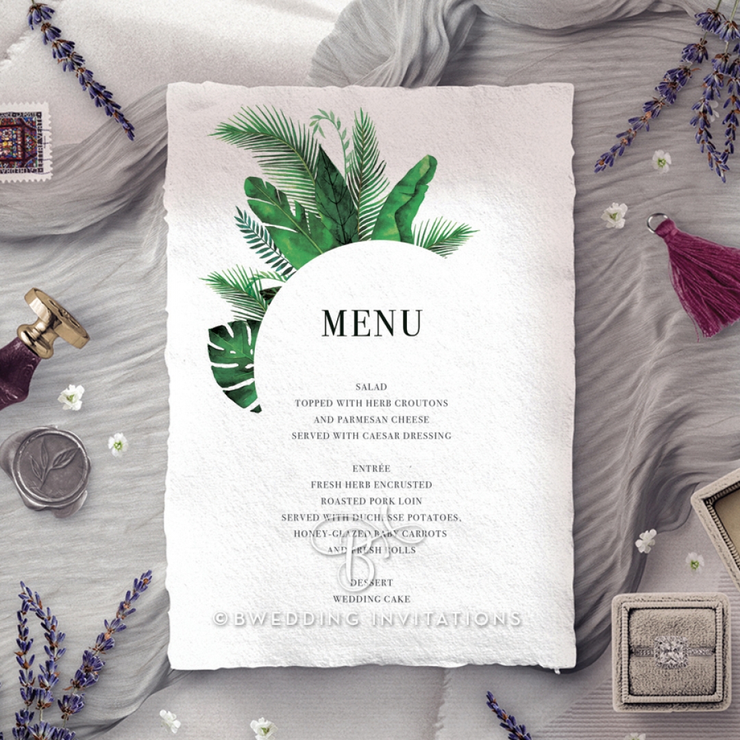 Palm Leaves wedding reception menu card stationery