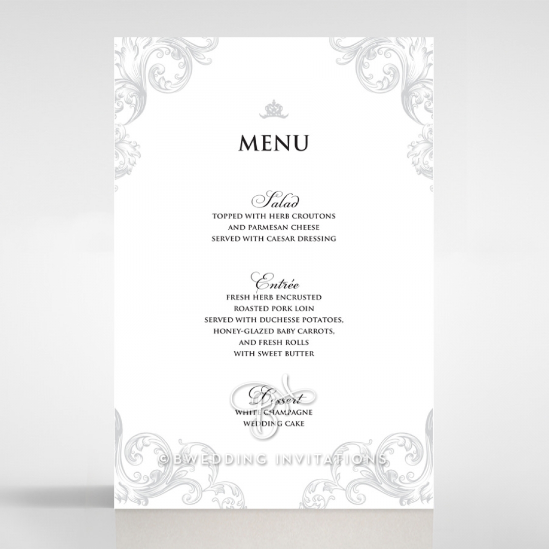 Regally Romantic reception menu card design