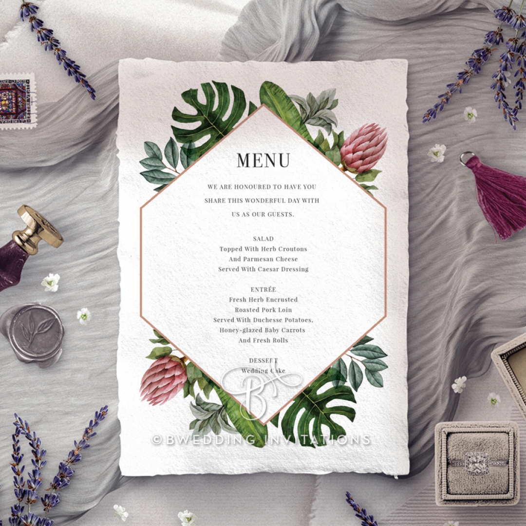 Tropical Island wedding reception menu card design