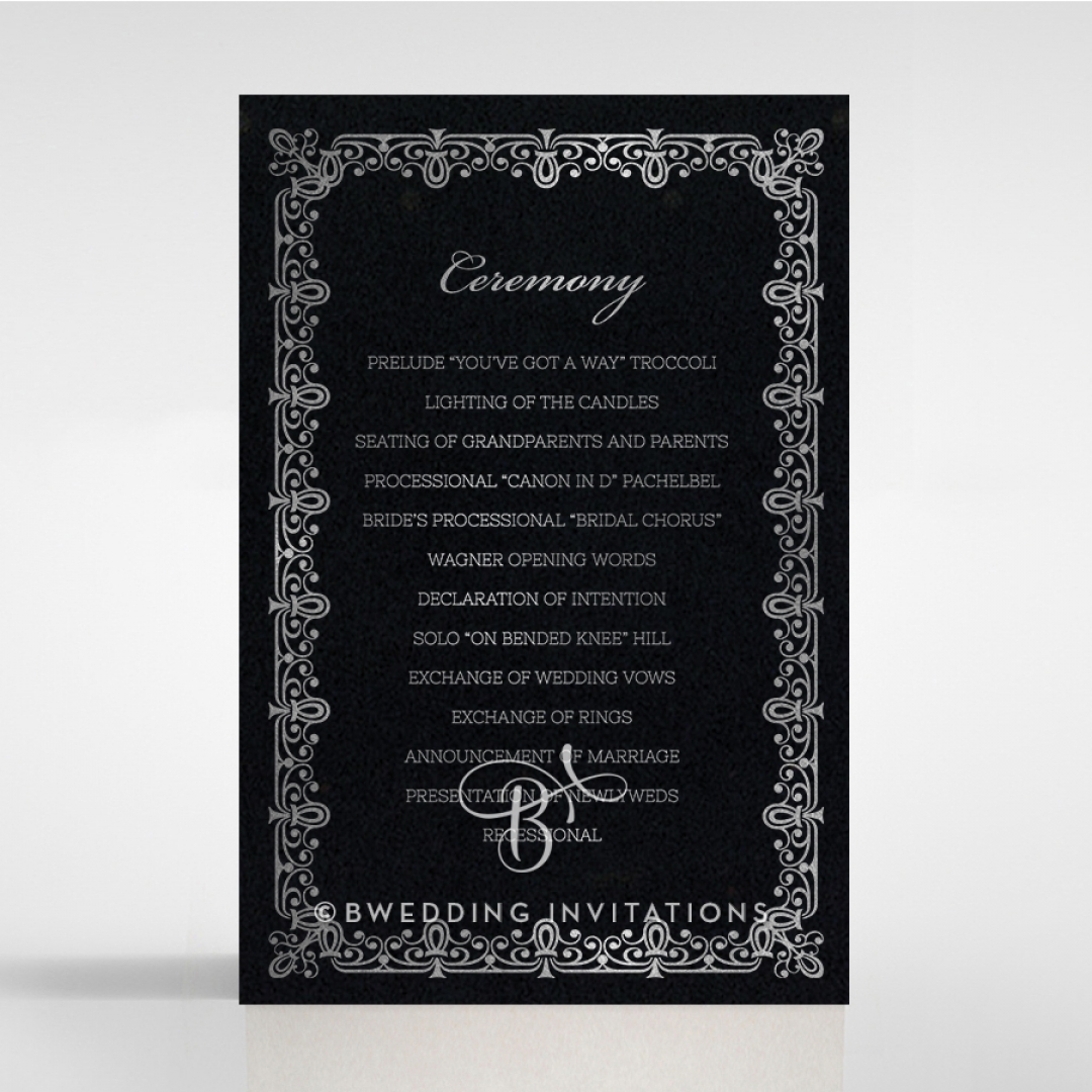 Black on Black Victorian Luxe with foil order of service stationery invite card