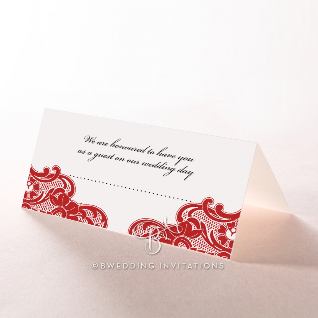 Red Lace Drop wedding venue place card design