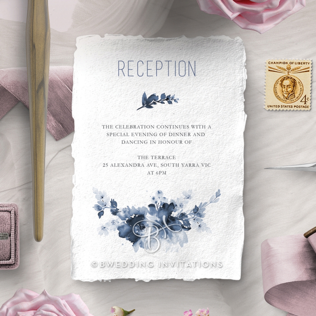 Blue Wonderland reception enclosure stationery invite card