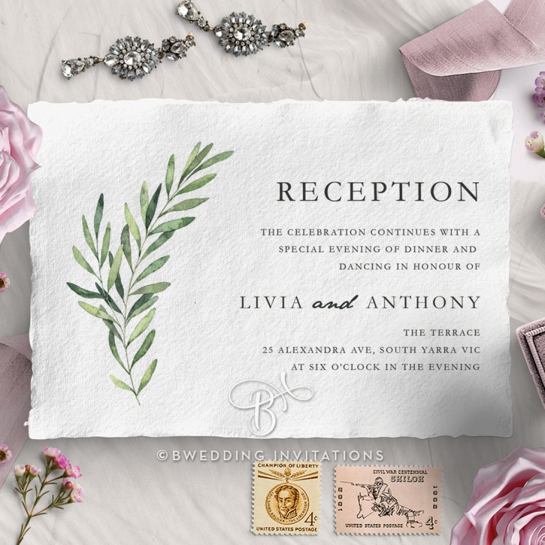 Olive Leaves reception stationery invite card design