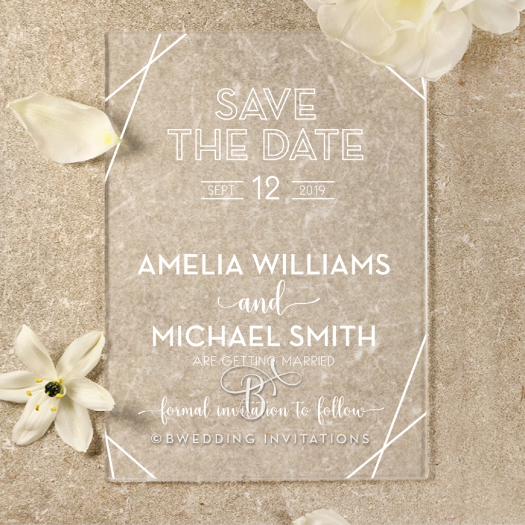 Acrylic Art Deco save the date wedding stationery card