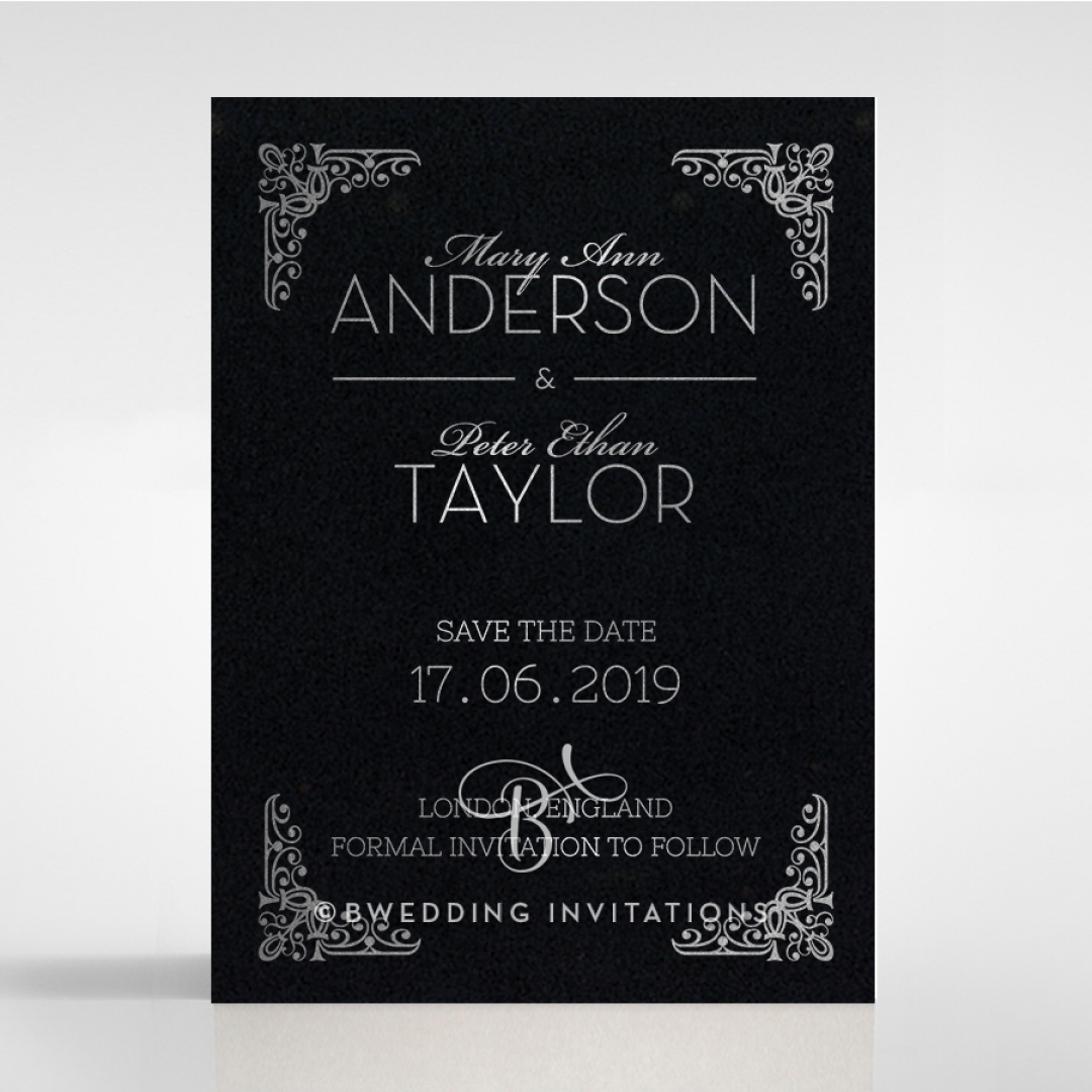 Black on Black Victorian Luxe with foil save the date card design