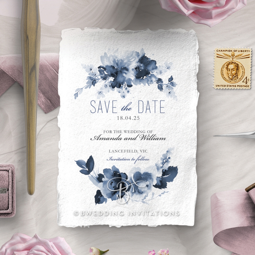 Blue Wonderland save the date wedding card