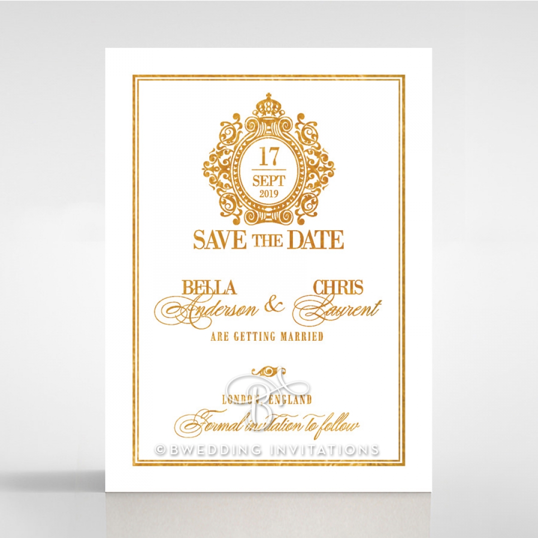 Gold Foil Baroque Gates wedding stationery save the date card design