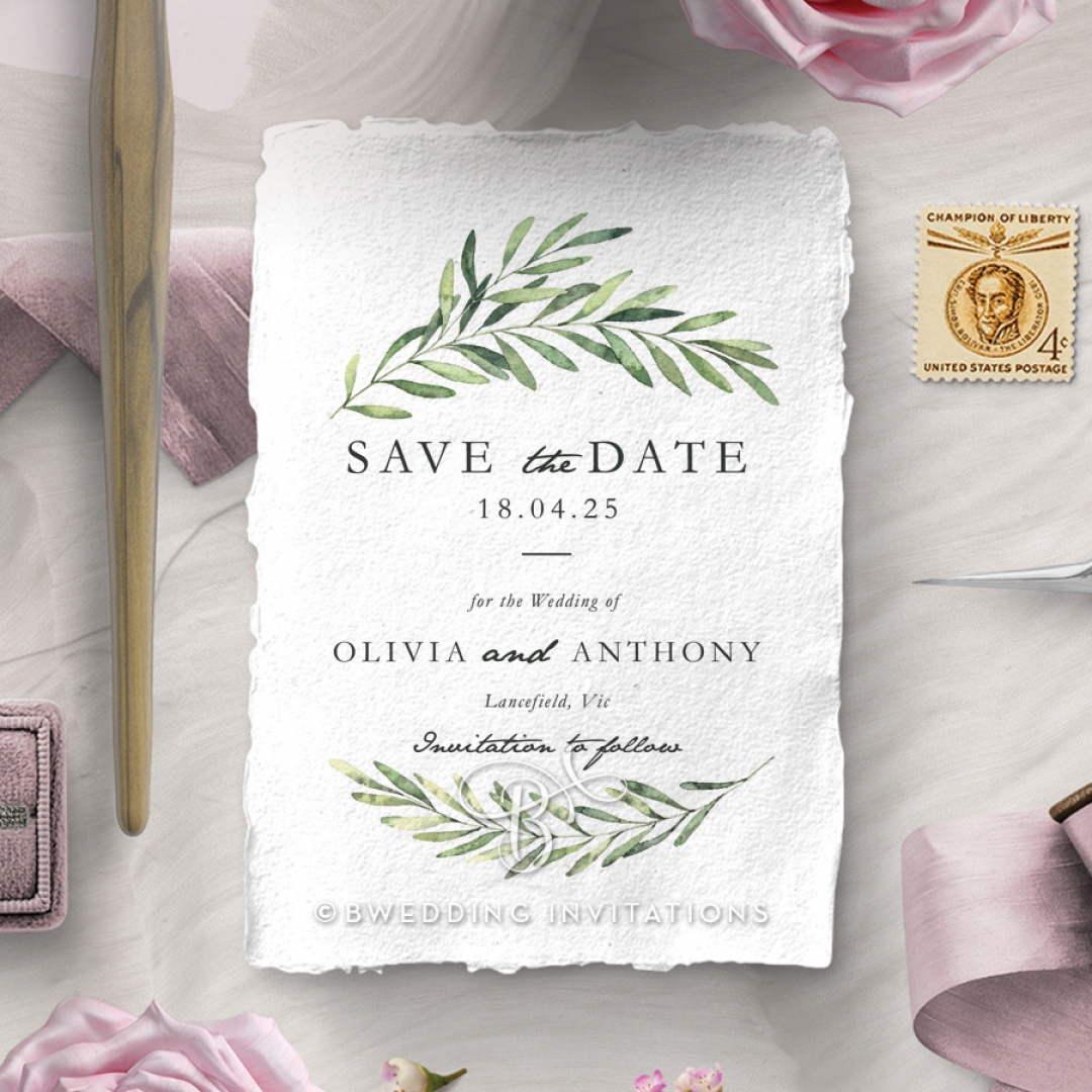 Olive Leaves wedding stationery save the date card