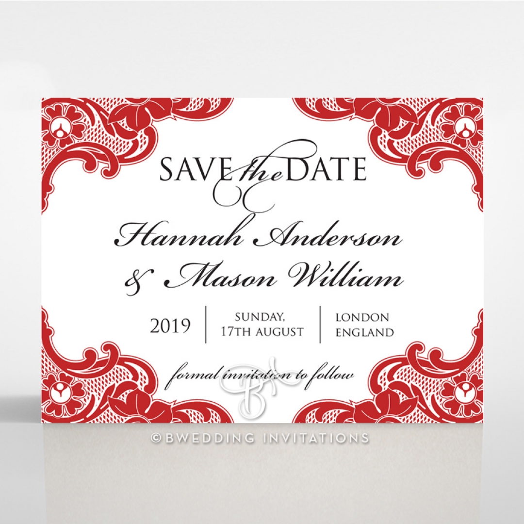 Red Lace Drop save the date wedding card