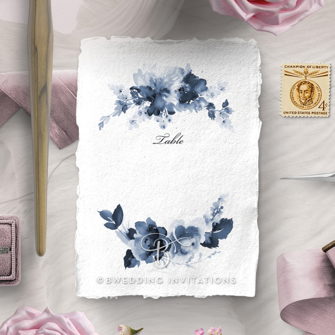 Blue Wonderland wedding reception table number card stationery