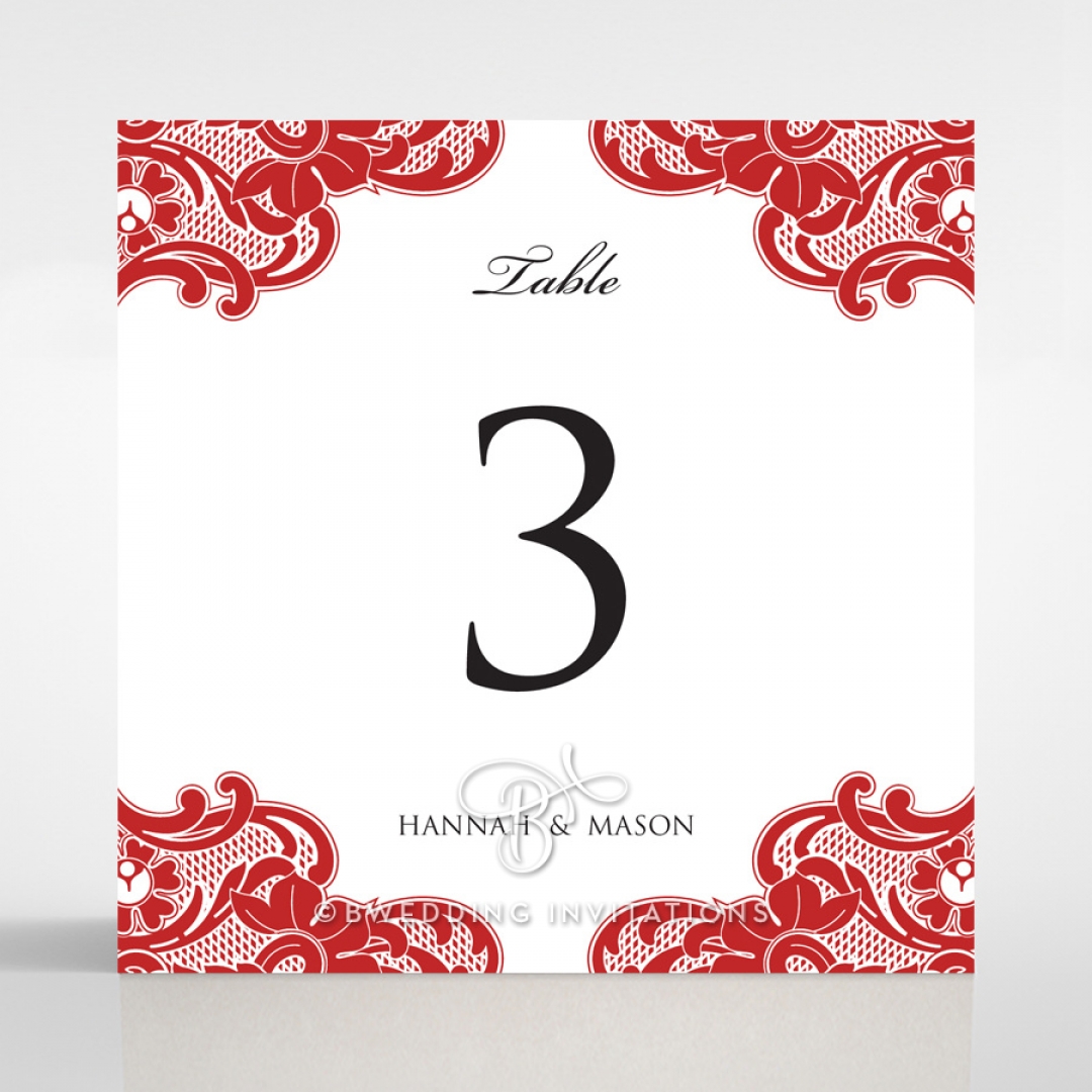 Red Lace Drop wedding table number card design