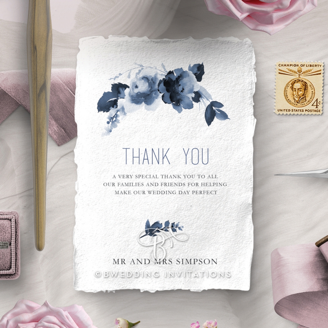 Blue Wonderland wedding thank you stationery card design