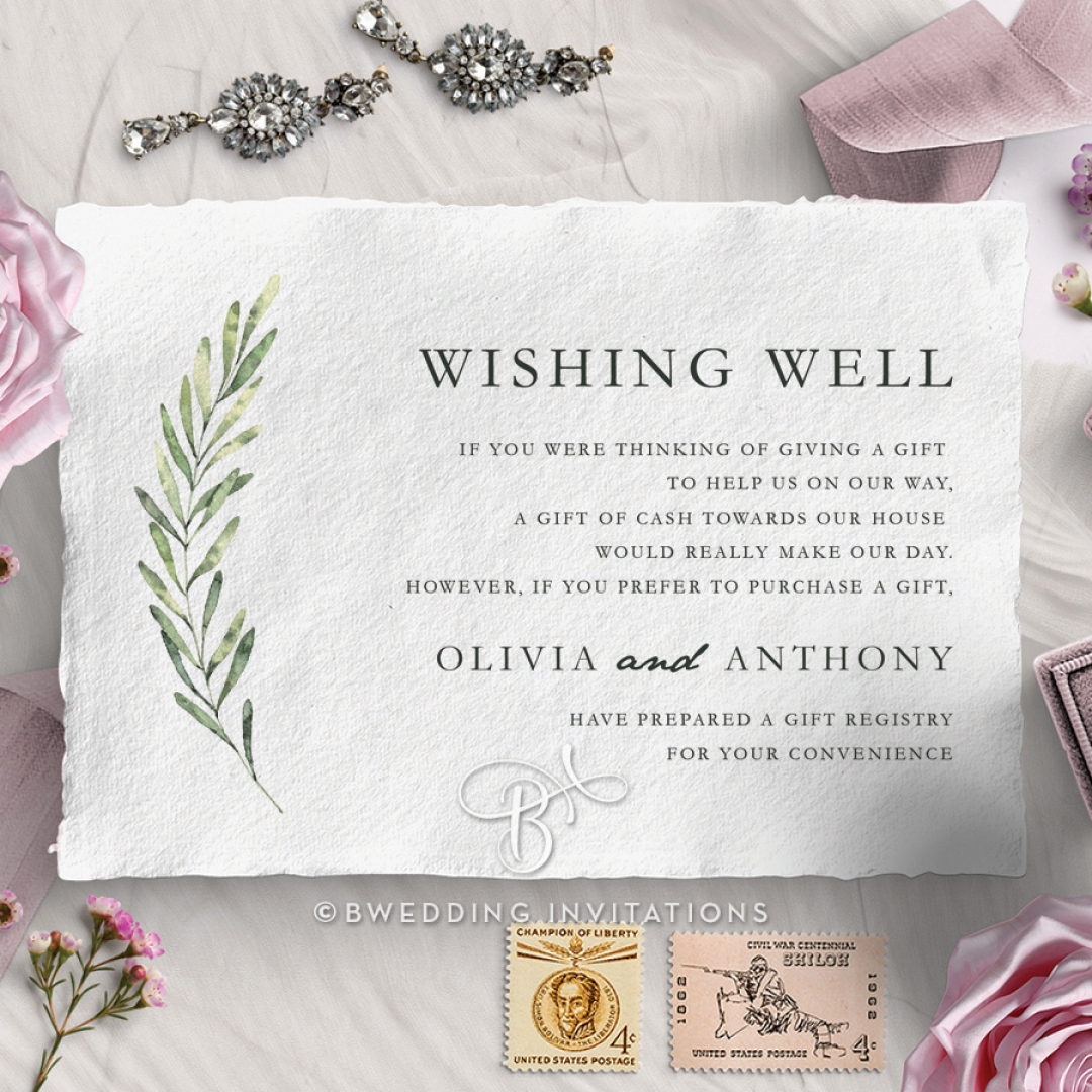 Olive Leaves wishing well enclosure stationery invite card design