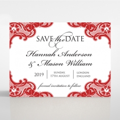 Red Lace Drop save the date wedding card