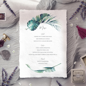 Tiki Hut wedding reception menu card stationery design