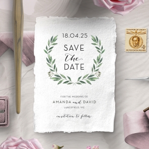 Country Garland wedding save the date stationery card