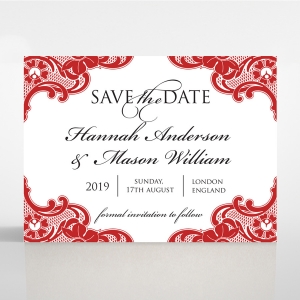 Red Lace Drop save the date wedding card