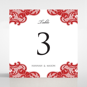 Red Lace Drop wedding table number card design